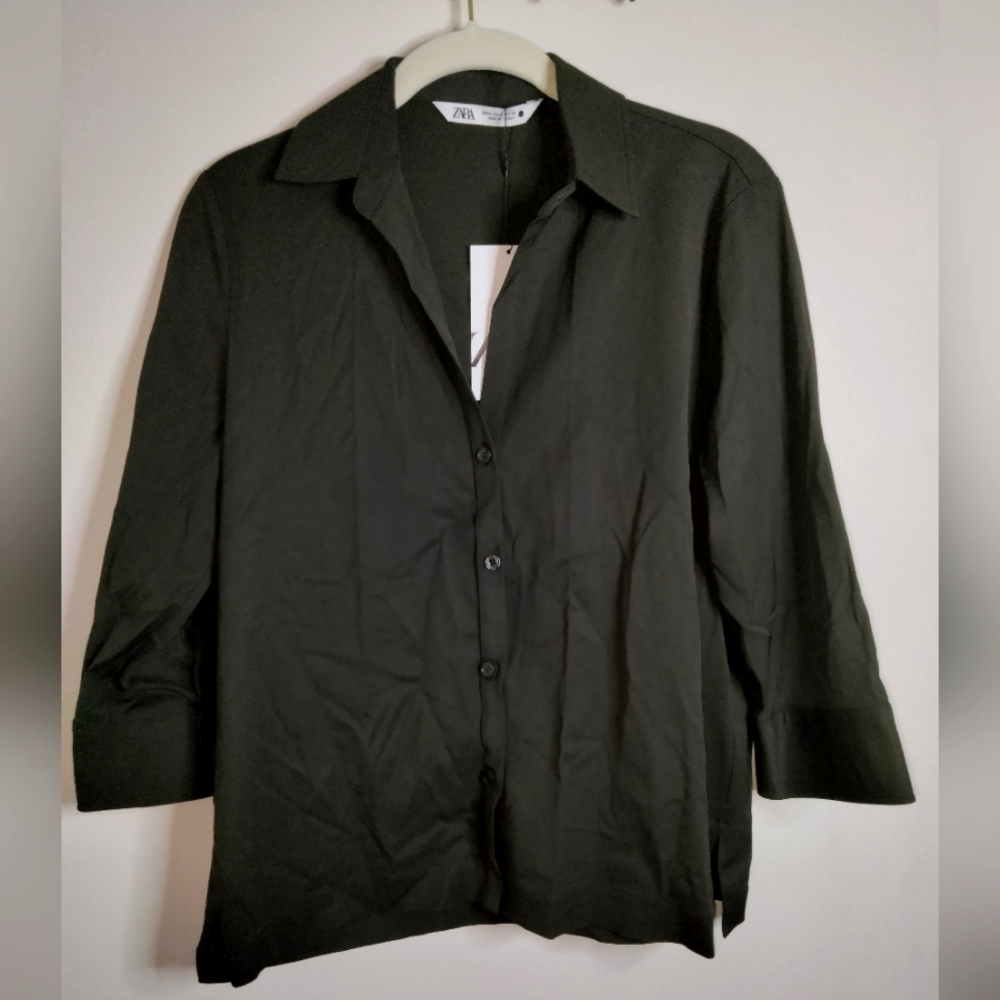 Zara (Size M) Dark Brown Stretch Boxy Button Down Front Shirt (NEW-NWT)
